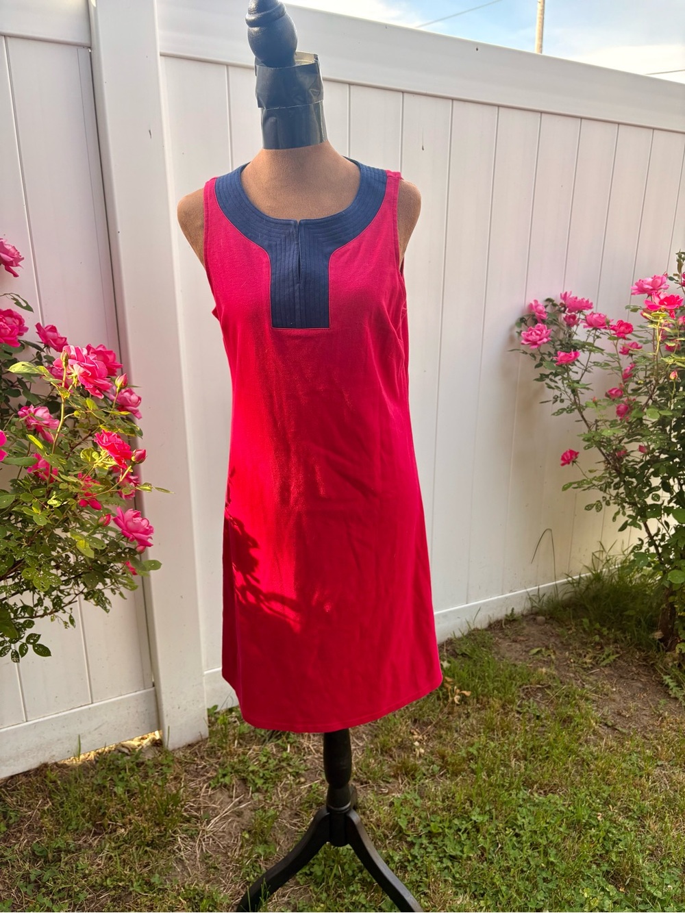 Magenta Sleeveless Shift Dress with Navy Trim